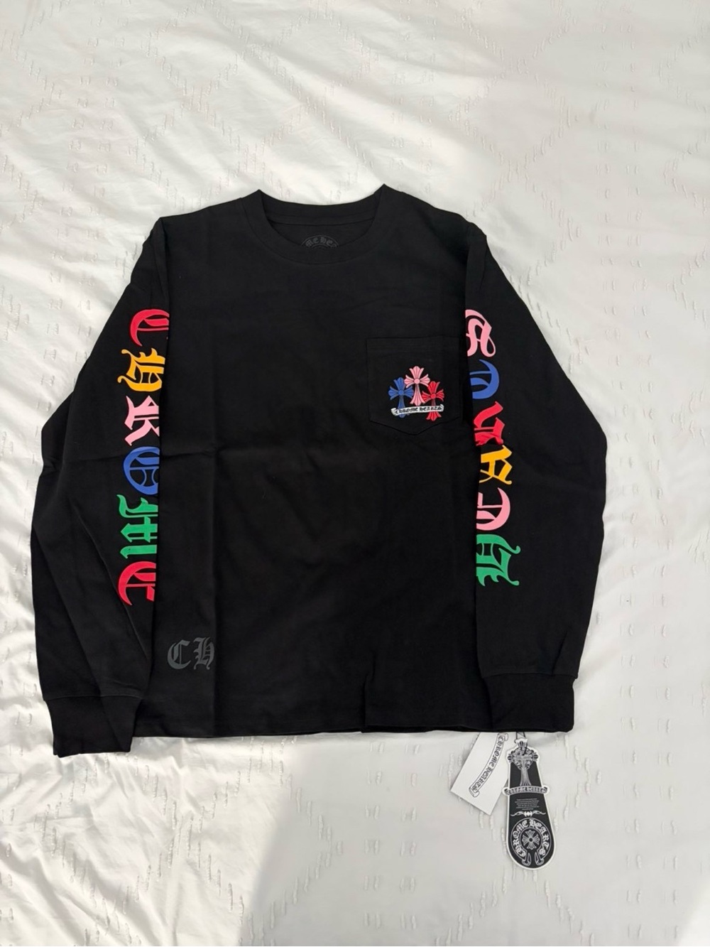 Black chrome hearts Long-Sleeve Graphic Pocket Tee with Multicolor Sleeve Print